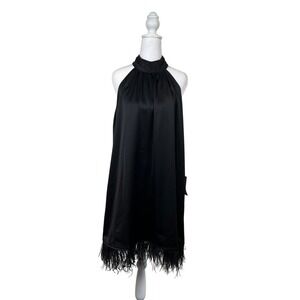 Bohme Black Halter Neck Feather Trim Mini Dress XL Whimsygoth Formal Party Retro